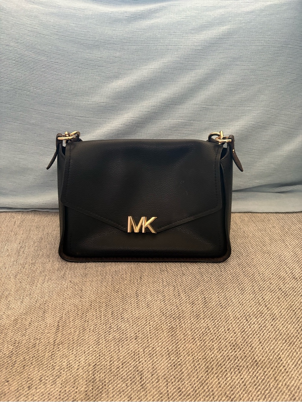 Michael Kors Black Leather Shoulder Bag with Gold MK Emblem